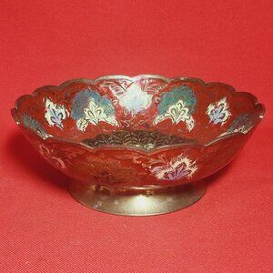 Vintage Indian Etched Brass Metal Peacock Pedestal Red Bowl Trinket Dish